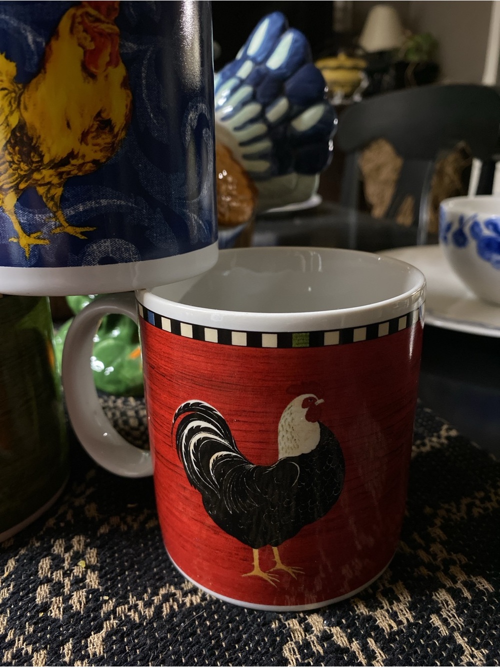 6 SOLD Rooster Themed Ceramic Set of 6 Mugs- Red and Blue - Picture 10 of 13